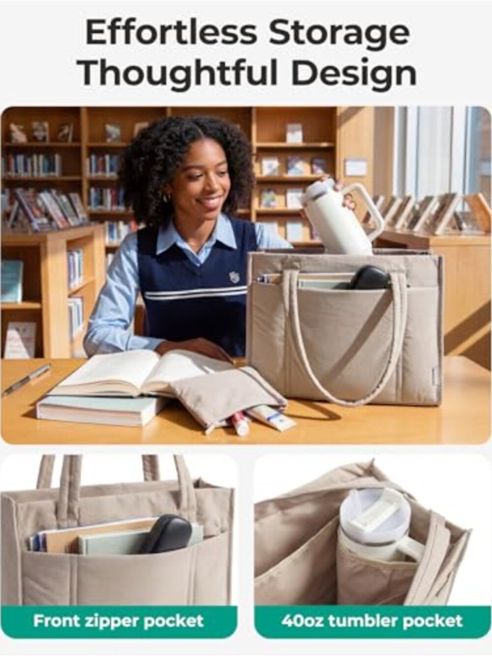 Puffer Tote Bag for Women 21L Large Quilted Work Teacher Bag with Zipper Laptop - Picture 3 of 6